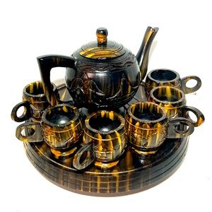 VINTAGE HAND CARVED WOODEN TEA SETS W/ LAZY SUZAN